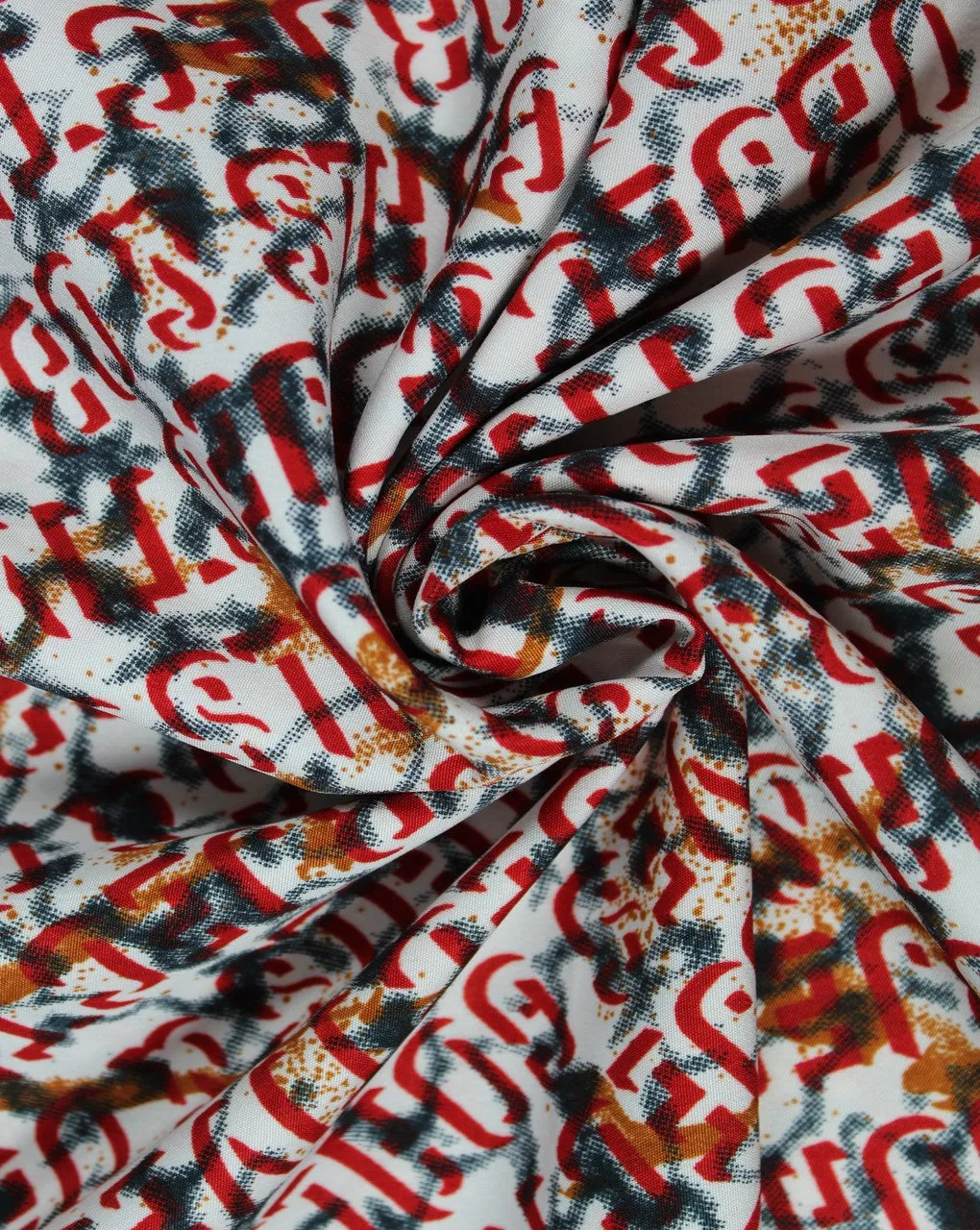 Alphabet Print Polyester Crepe Fabric with White and Multicolor Design