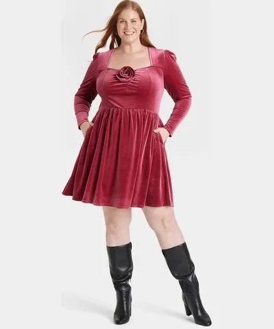 Long Sleeve Rosette Midi A-Line Dress for Women by Ava & Viv