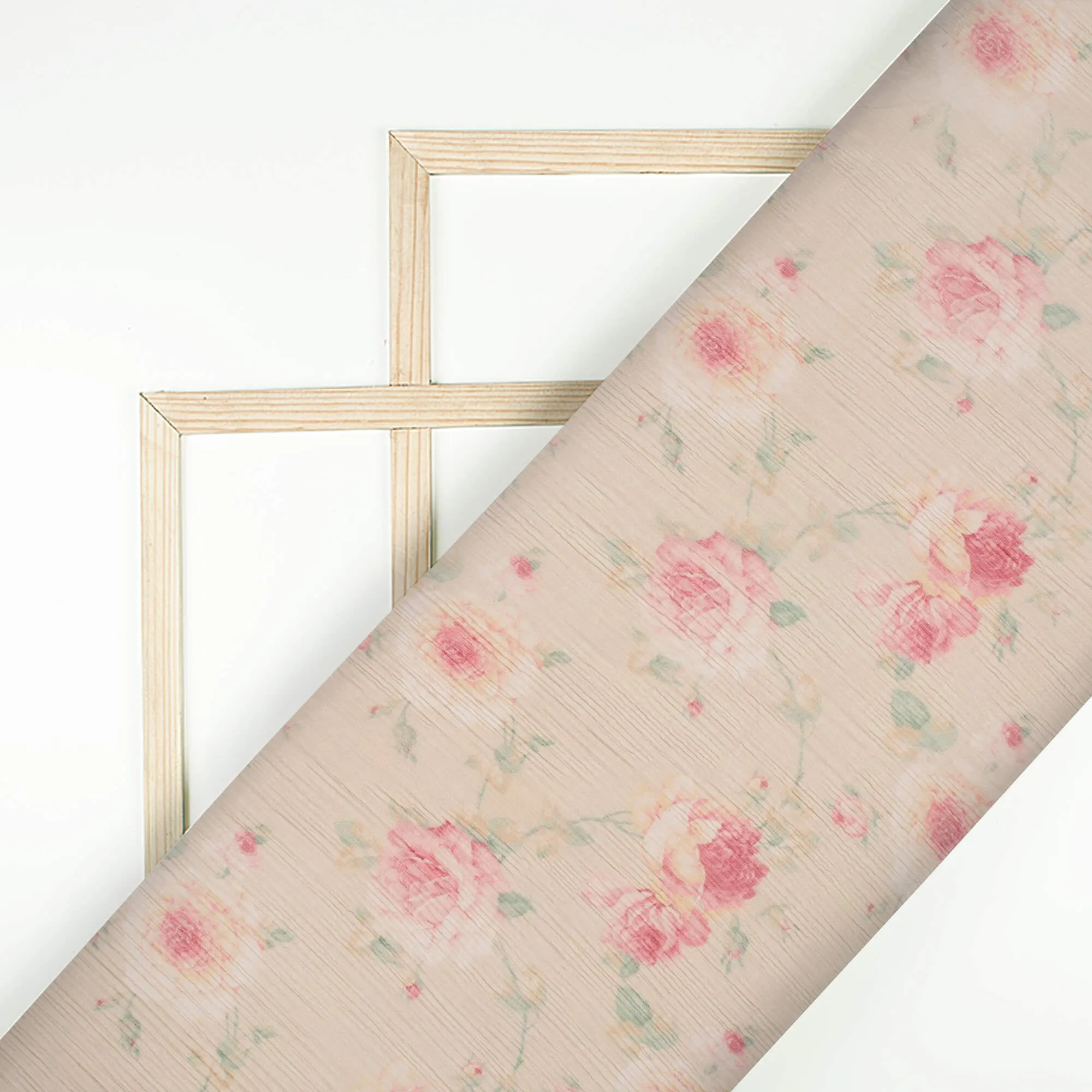 Baby Pink and Beige Floral Digital Print Chiffon Fabric