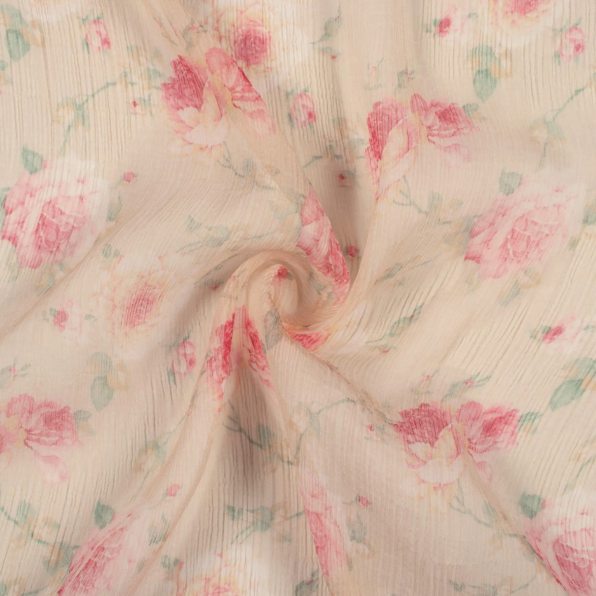 Baby Pink and Beige Floral Digital Print Chiffon Fabric