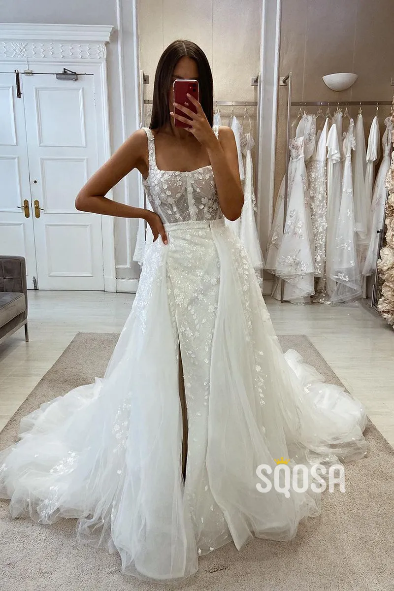 Spaghetti Straps Detachable Train Lace Applique Wedding Dress with Side Slit - Bateau Style