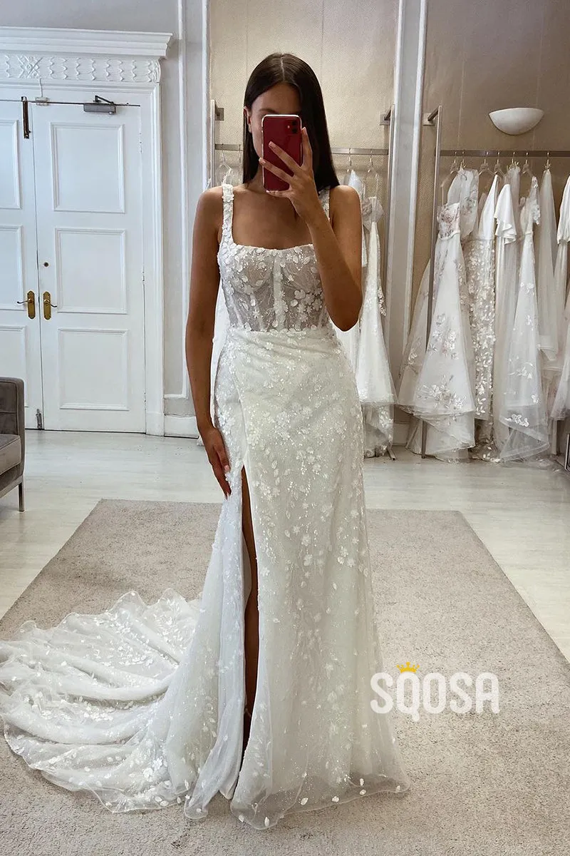 Spaghetti Straps Detachable Train Lace Applique Wedding Dress with Side Slit - Bateau Style