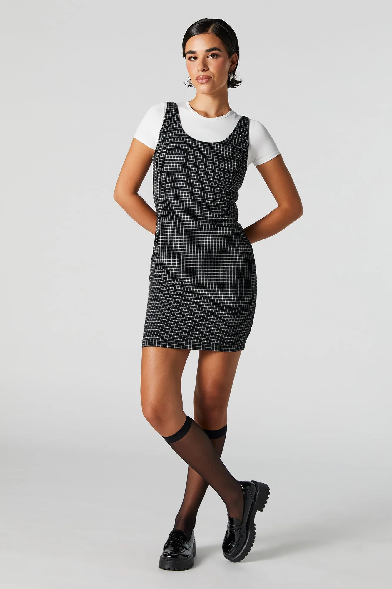 Black and White Checkered Mini Dress with Scoop Neck