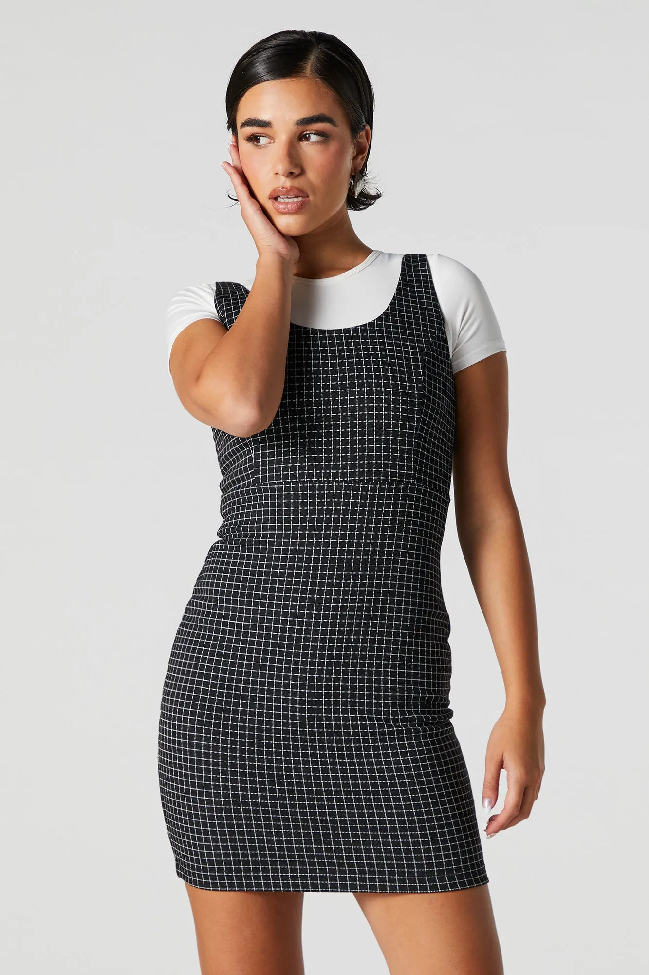 Black and White Checkered Mini Dress with Scoop Neck