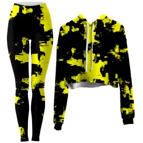 Yellow and Black Abstract Crop Hoodie Leggings Set