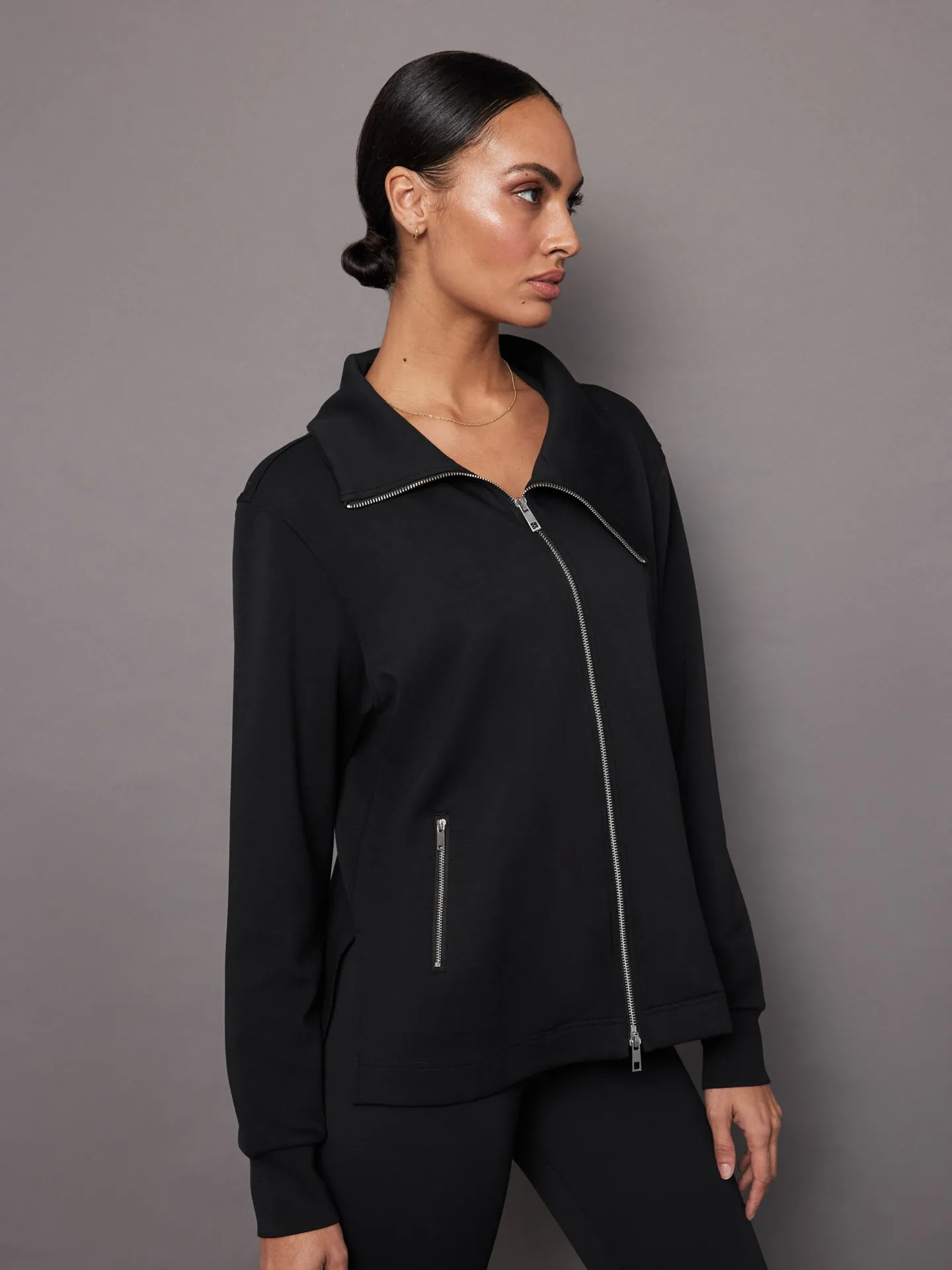 Black Asymmetrical Zip Knit Jacket