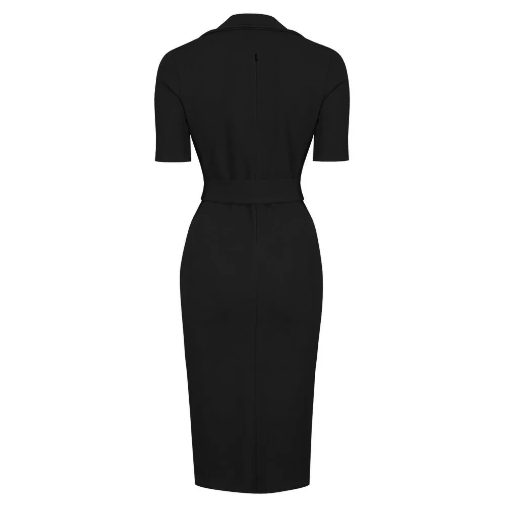 Black Belted Half Sleeve Collared Office Dress