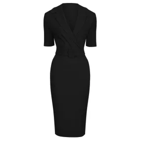 Black Belted Half Sleeve Collared Office Dress