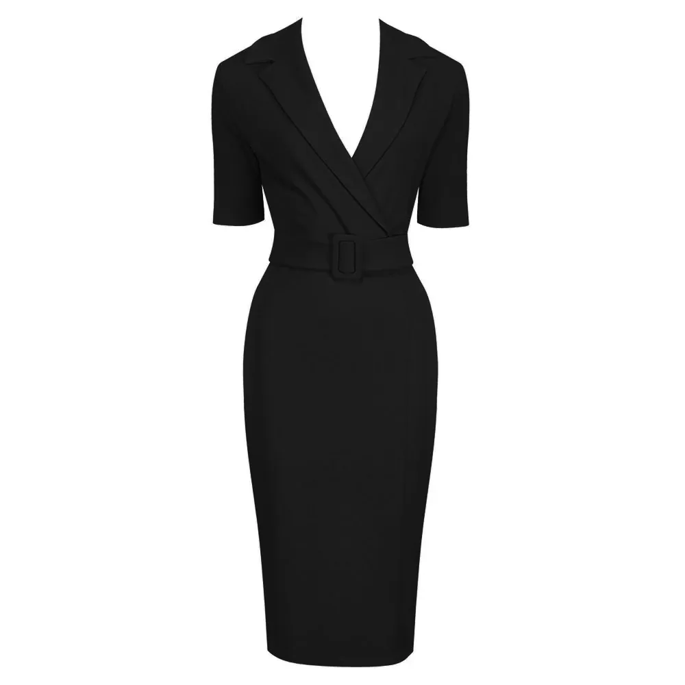 Black Belted Half Sleeve Collared Office Dress