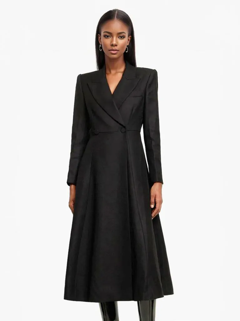 Black Blazer Dress with Turndown Collar, Long Sleeves, and Pockets - Casual Long Outerwear for Women