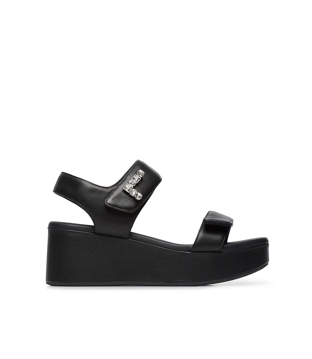 Black Leather Sandals with Crystals