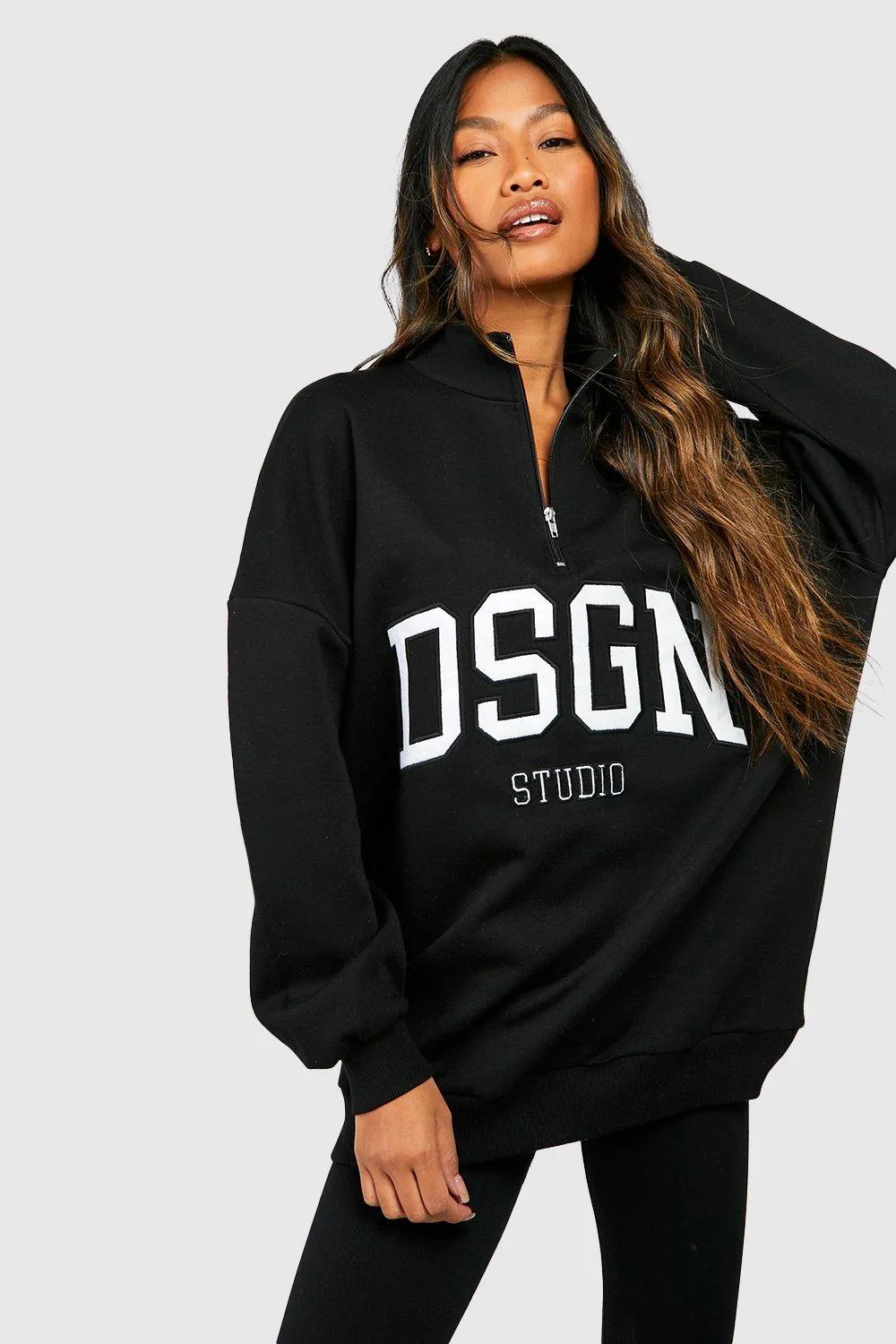 boohoo Hoodies & Sweatshirts: Dsgn Studio Half Zip Applique Oversized Sweatshirt