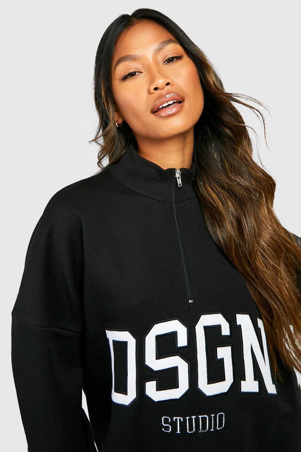 boohoo Hoodies & Sweatshirts: Dsgn Studio Half Zip Applique Oversized Sweatshirt