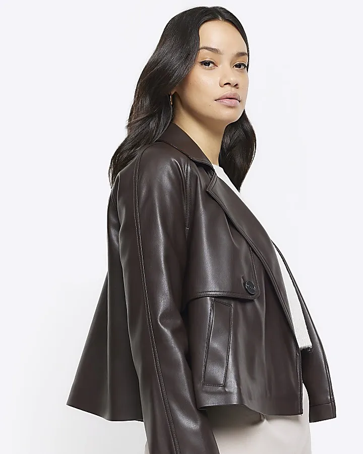 Brown faux leather trench coat - Cropped style