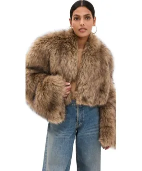 Brown Faux Fur Cropped Jacket with Rounded Sleeves by A.W.A.K.E. MODE