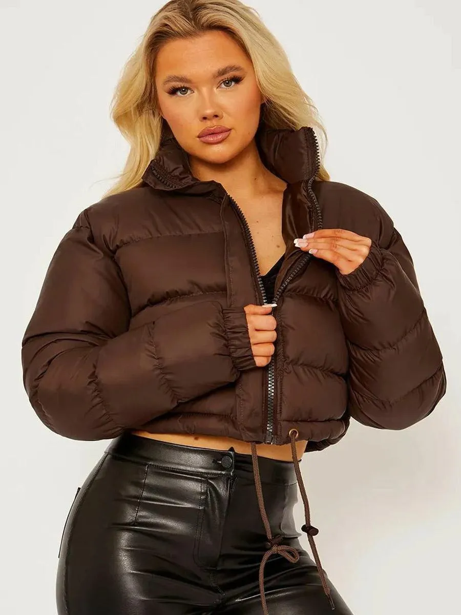 Brown Puffer Coat with Stand Collar, Zipper Closure, Drawstring Waist, and Long Sleeves