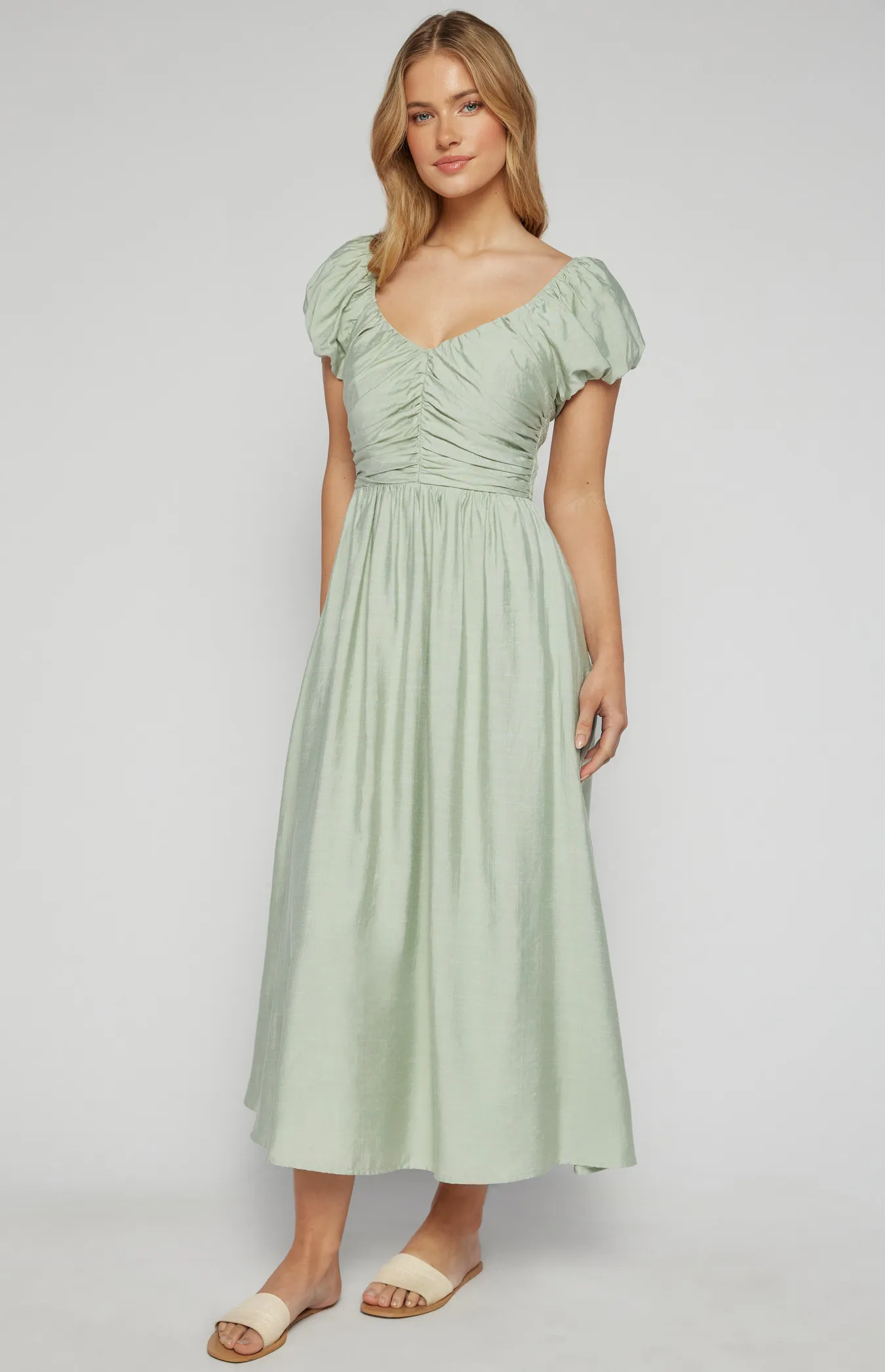 Midi Dress with Gathered Bodice and Bubble Sleeves (SKU: SDR1655A)