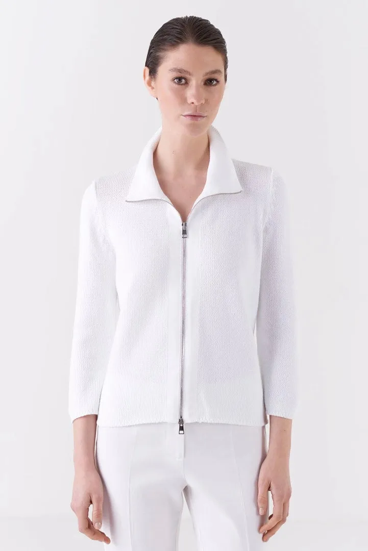 Cotton White Zip Up Sweater - Creta.