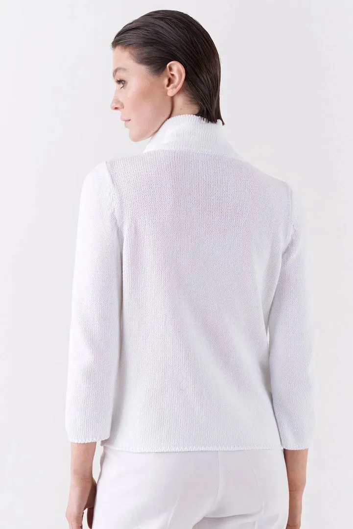 Cotton White Zip Up Sweater - Creta.