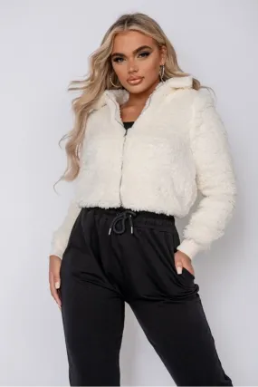 Cream Borg Fur Zip Front Coat Jacket