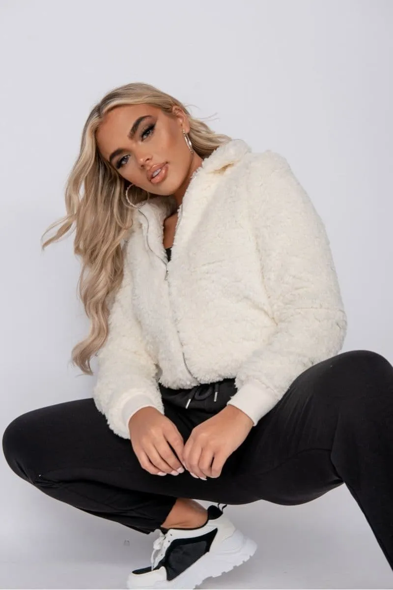 Cream Borg Fur Zip Front Coat Jacket