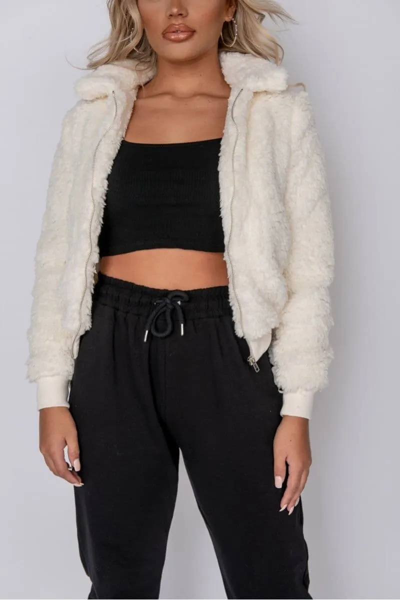 Cream Borg Fur Zip Front Coat Jacket