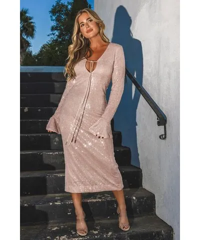 Sequin Blush Flared Sleeve Midi Dress by Cupshe x JoJo