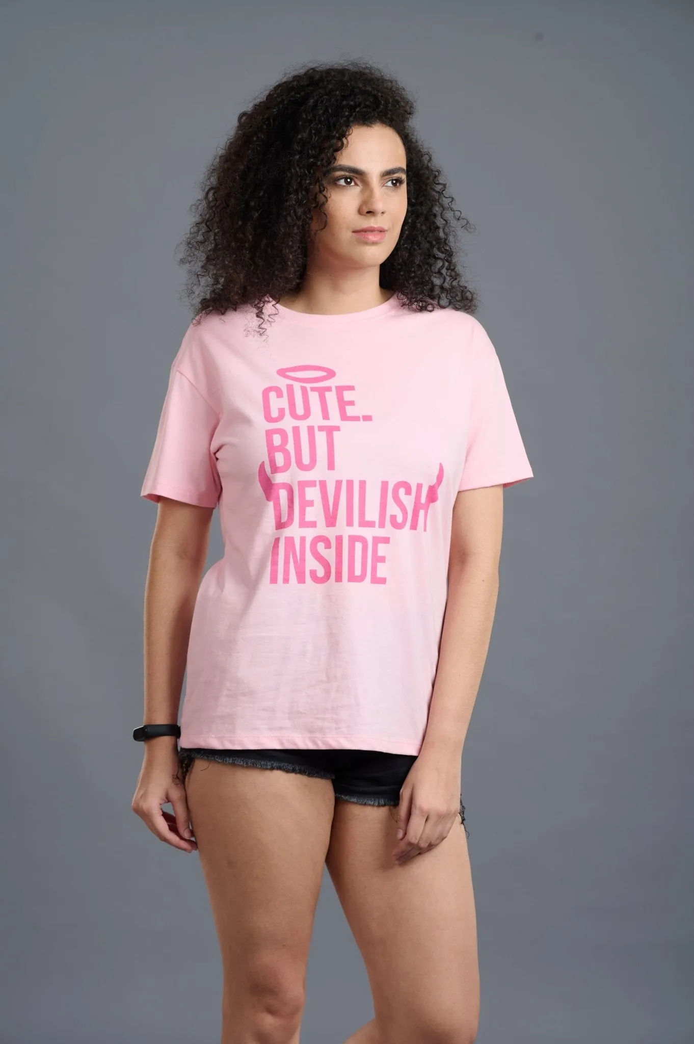 Cute But Devilish Inside Printed Pink Oversized T-Shirt for Women