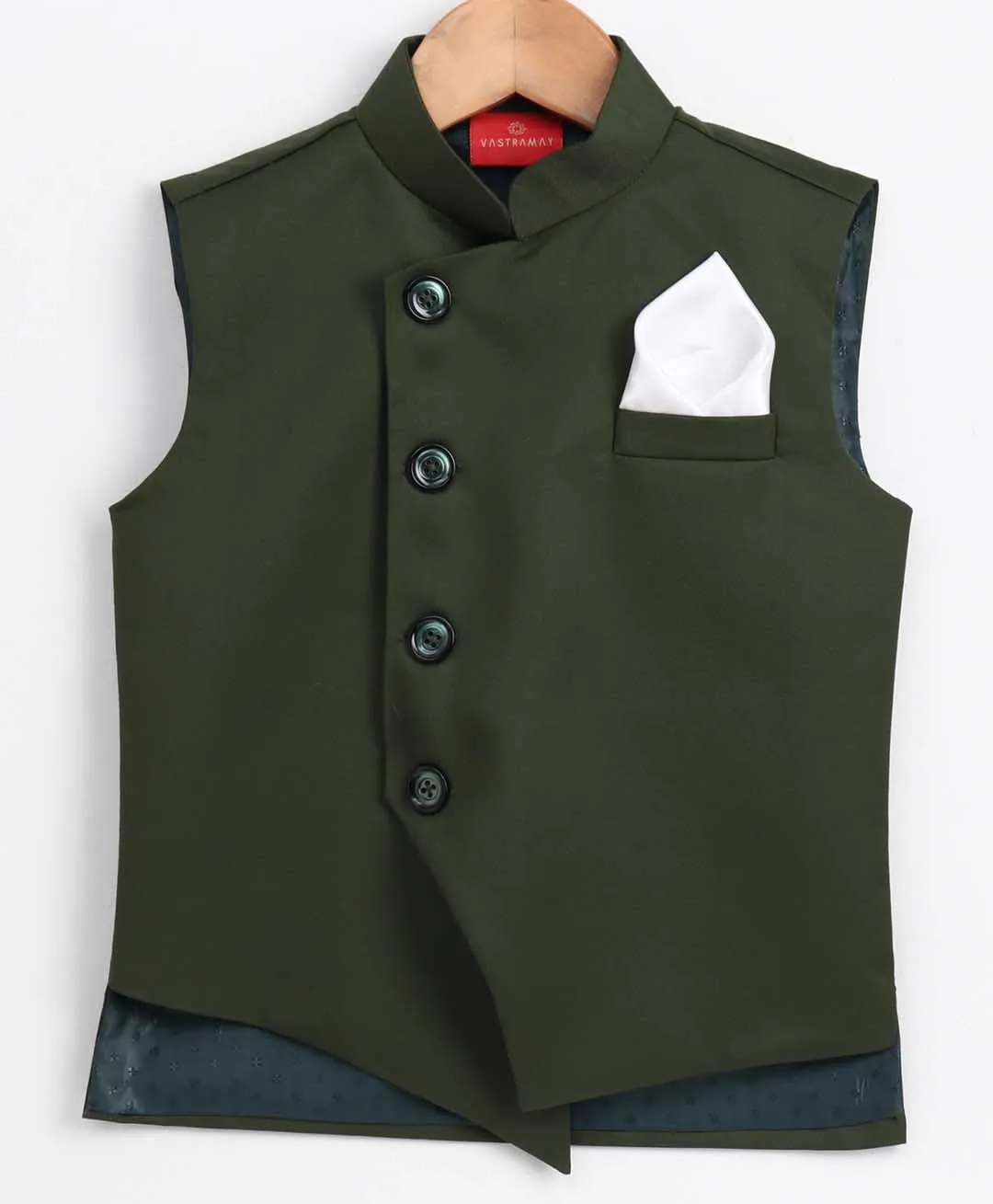 Dark Green Cotton Blend Nehru Jacket for Boys by Vastramay