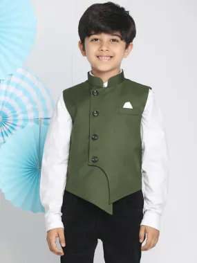 Dark Green Cotton Blend Nehru Jacket for Boys by Vastramay