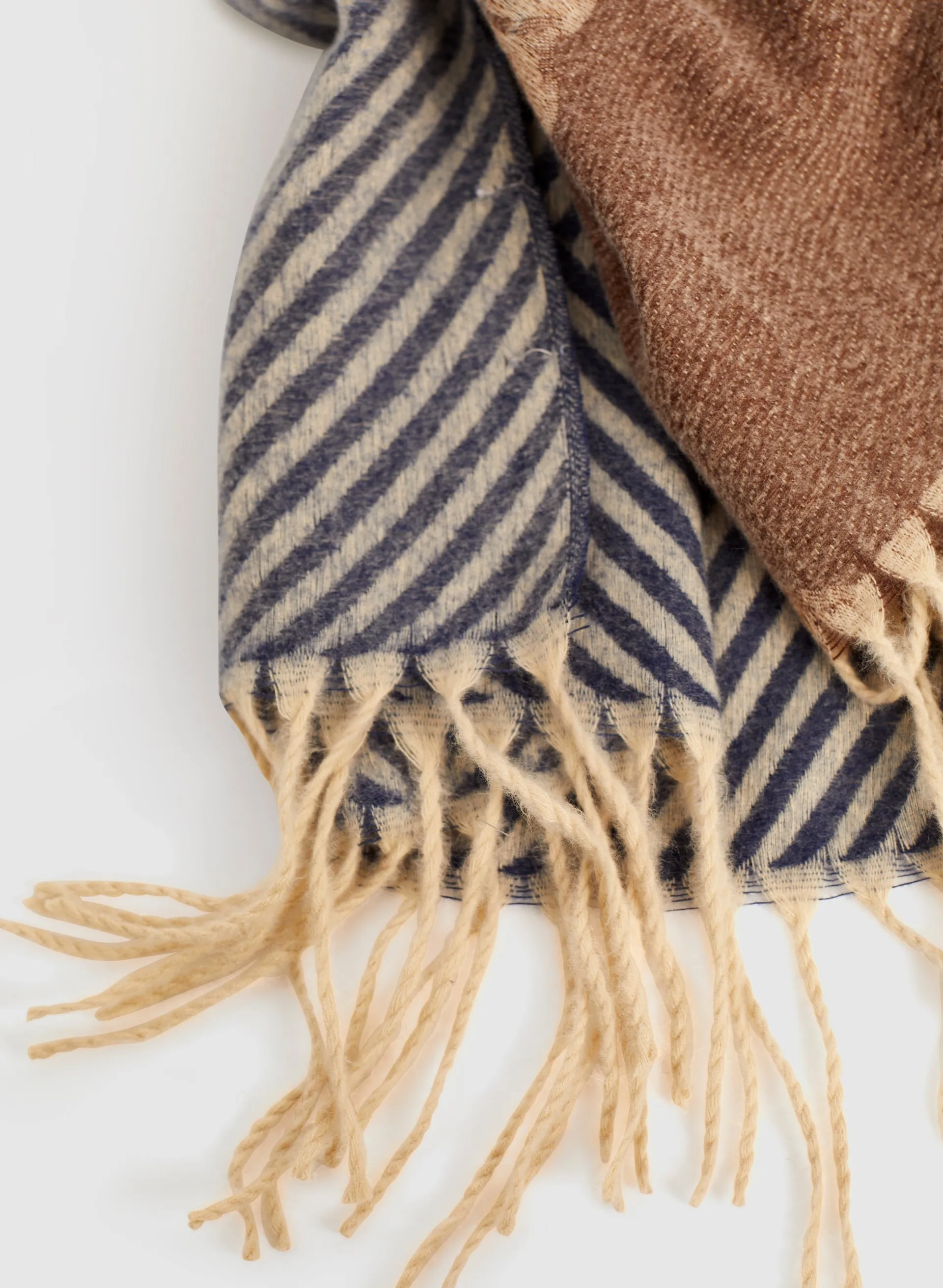 Fringe Scarf with Diagonal Striped Print.