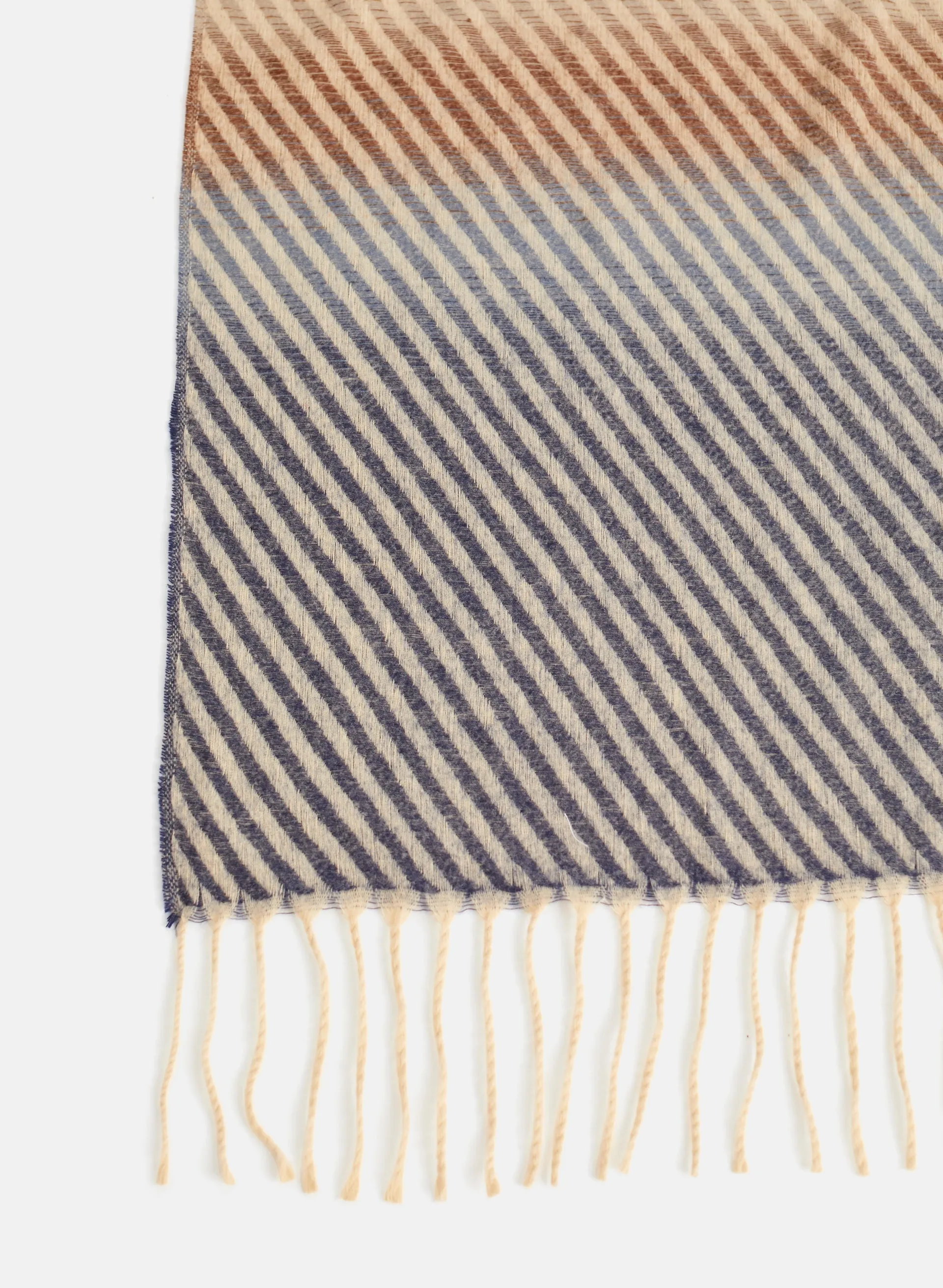 Fringe Scarf with Diagonal Striped Print.