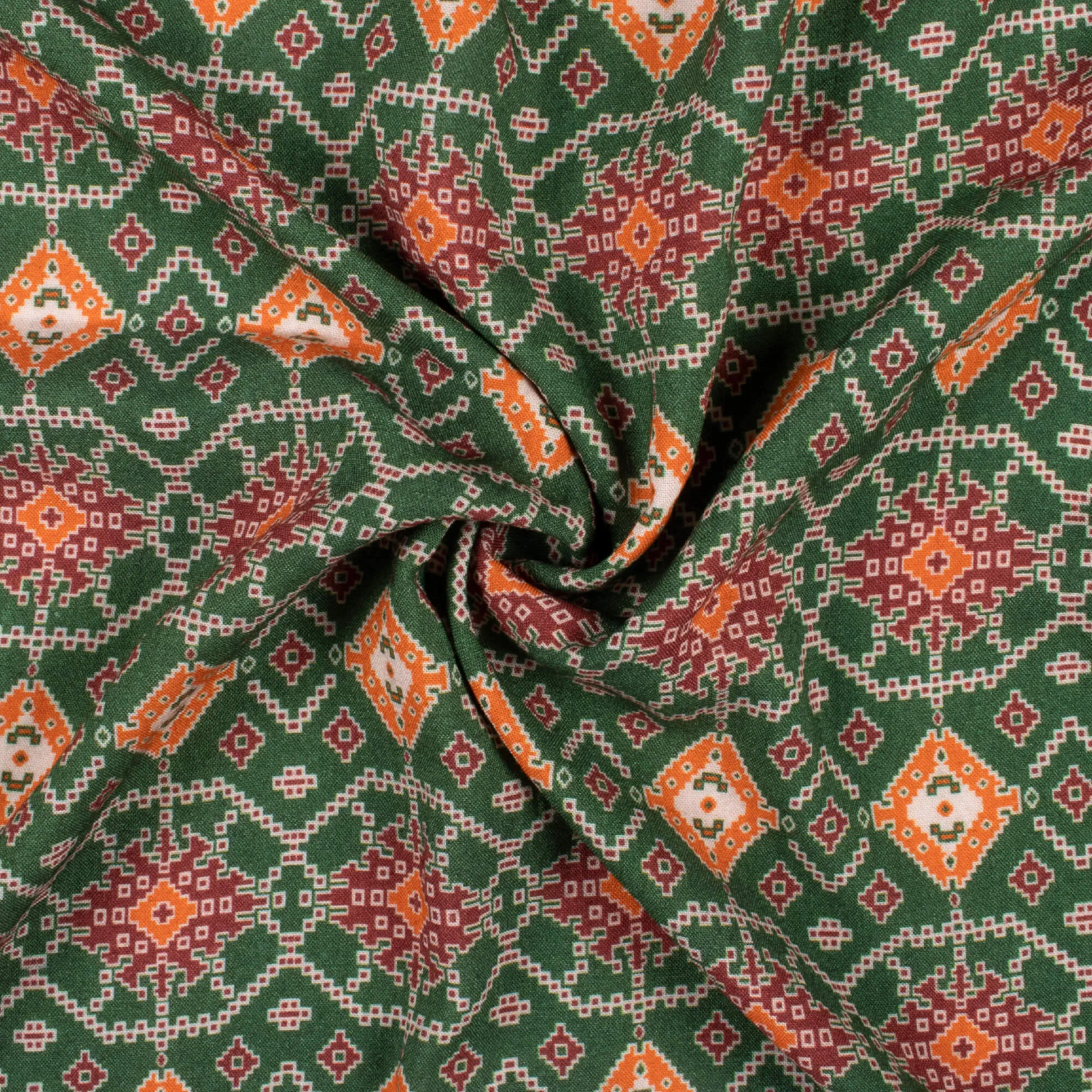 Digital Print Viscose Rayon Fabric in Forest Green and Ginger Orange Patola Pattern - 58 Inches Wide