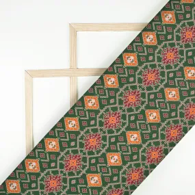 Digital Print Viscose Rayon Fabric in Forest Green and Ginger Orange Patola Pattern - 58 Inches Wide