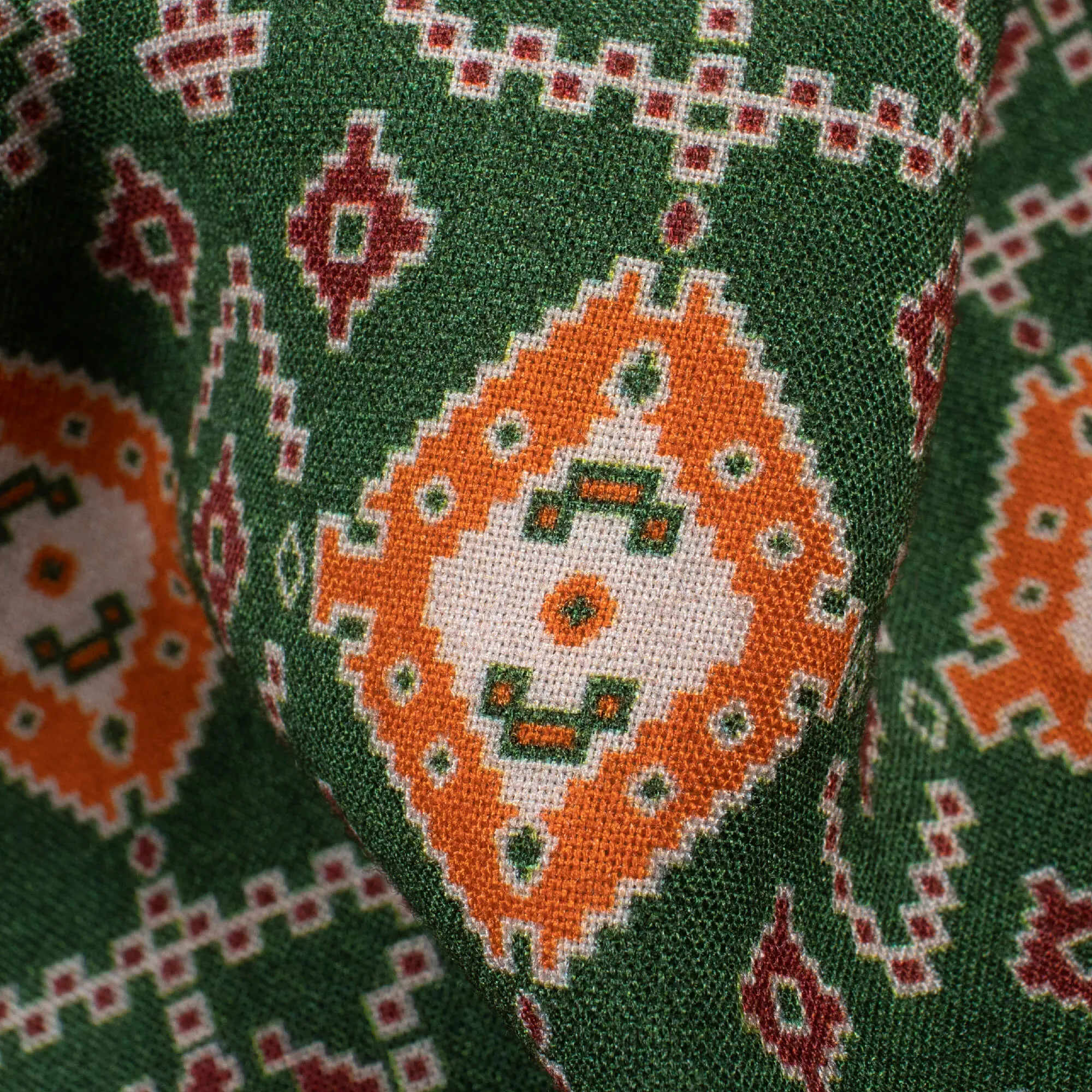 Digital Print Viscose Rayon Fabric in Forest Green and Ginger Orange Patola Pattern - 58 Inches Wide