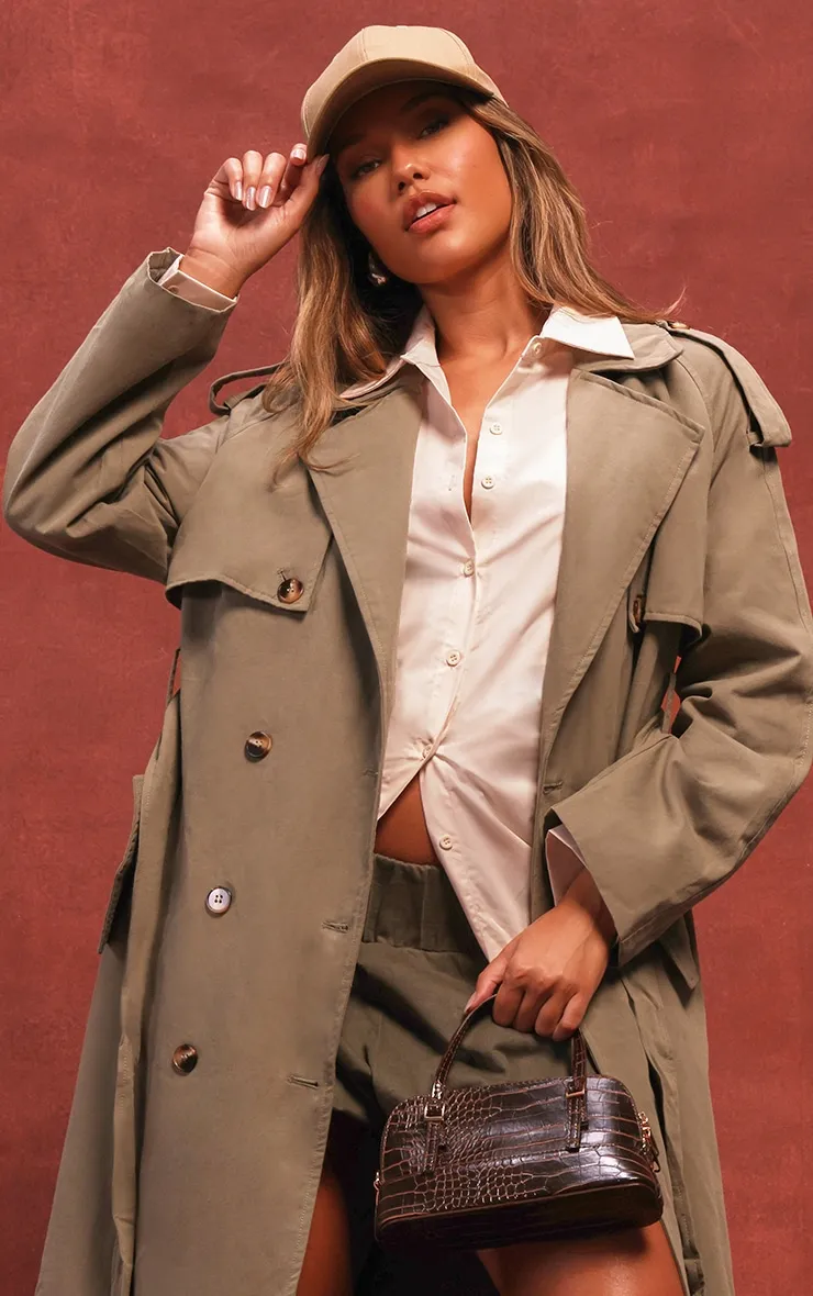 Double Breasted Belted Trench Coat in Khaki