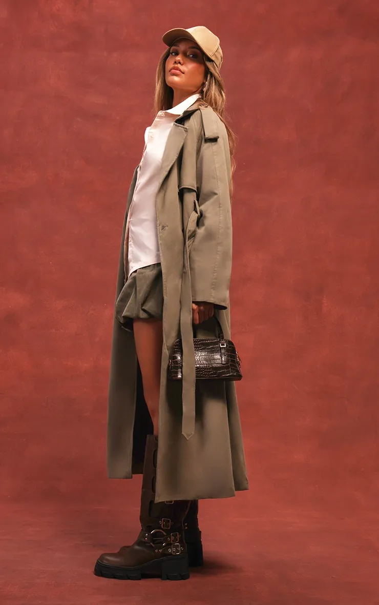 Double Breasted Belted Trench Coat in Khaki