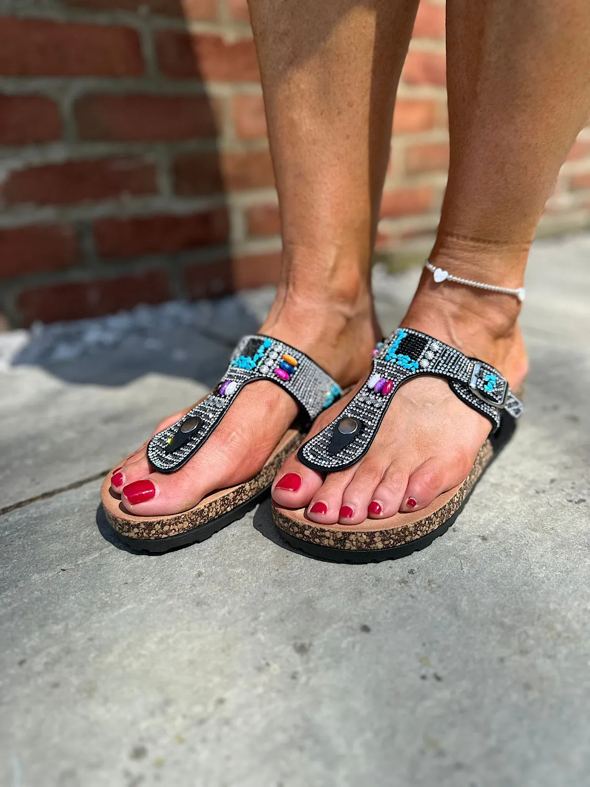 Embellished Black Cork Wedge Sandals