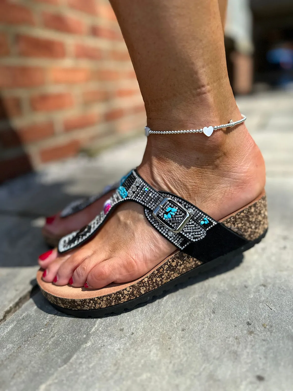 Embellished Black Cork Wedge Sandals