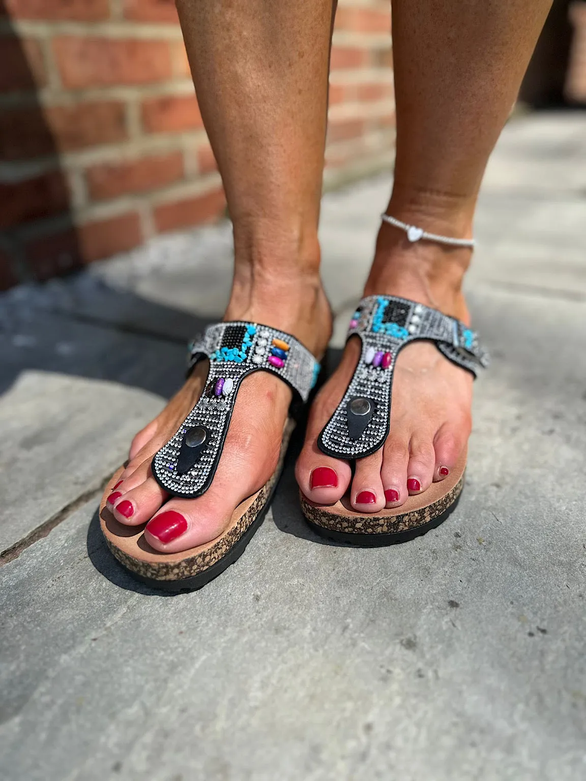 Embellished Black Cork Wedge Sandals