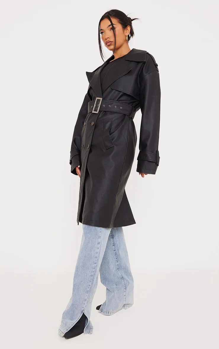 Faux Leather Statement Buckle Trench Coat Black