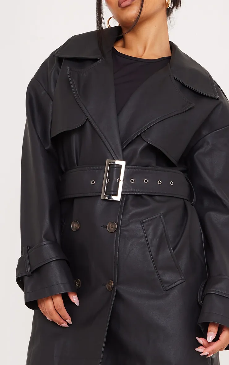 Faux Leather Statement Buckle Trench Coat Black