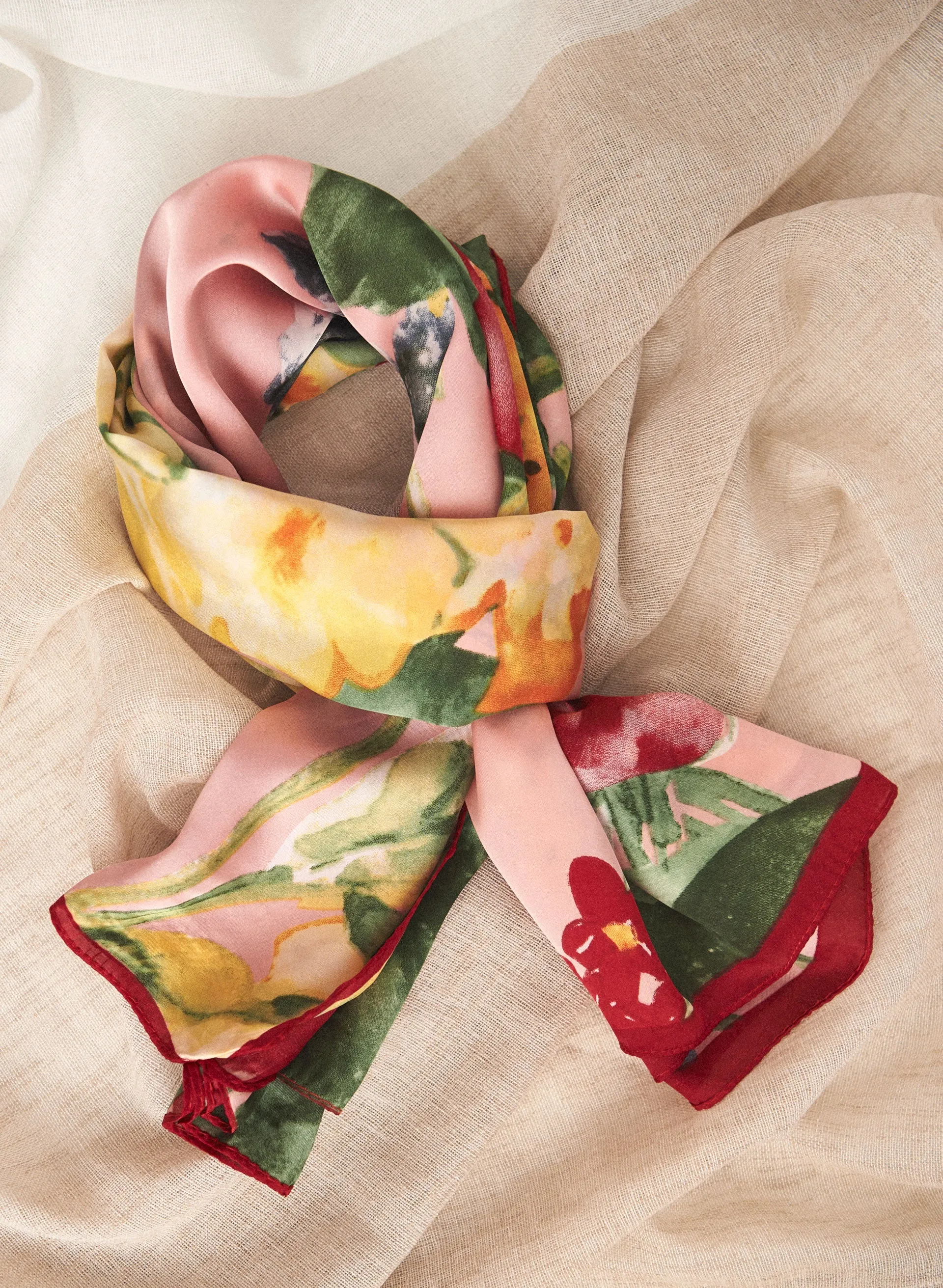 Square Scarf with Floral and Leaf Print