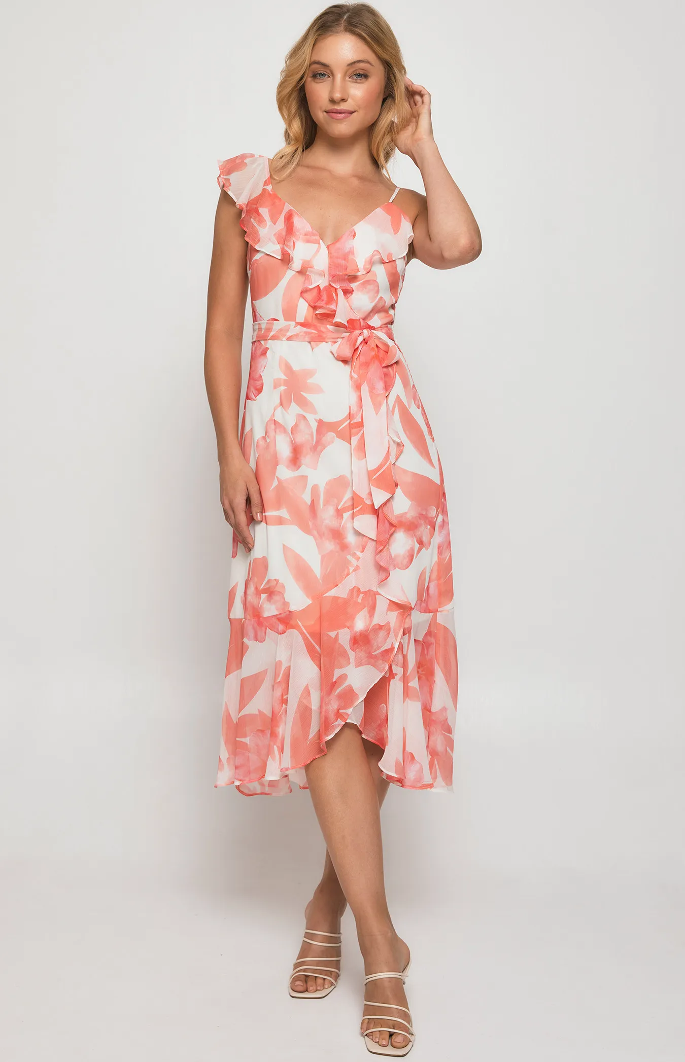 Floral Midi Dress with Frill Neckline Asymmetric (SDR1344B)