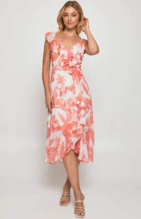 Floral Midi Dress with Frill Neckline Asymmetric (SDR1344B)