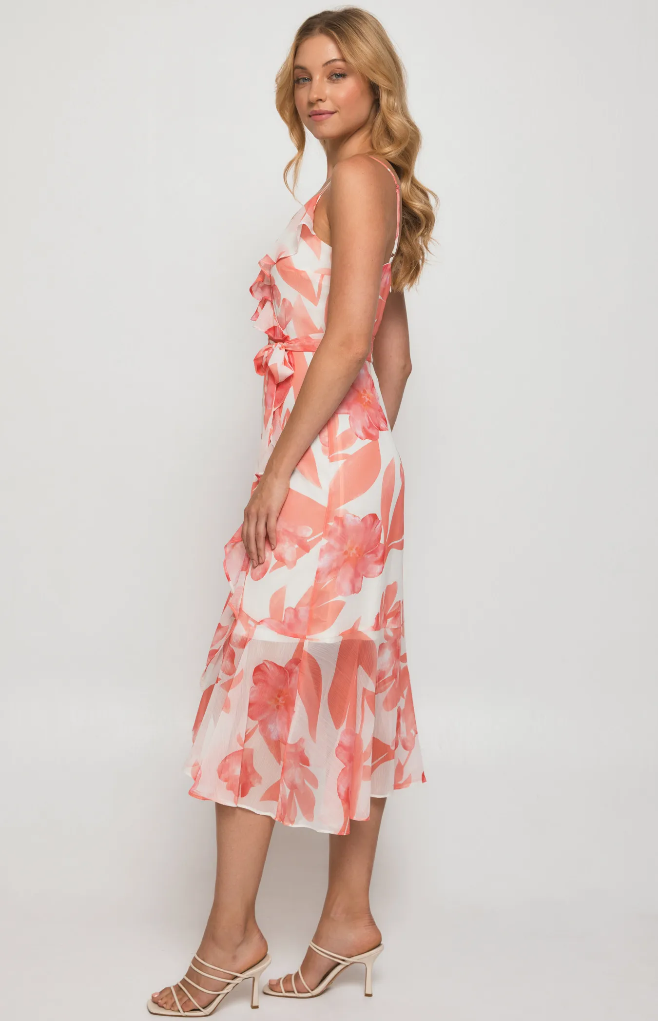 Floral Midi Dress with Frill Neckline Asymmetric (SDR1344B)