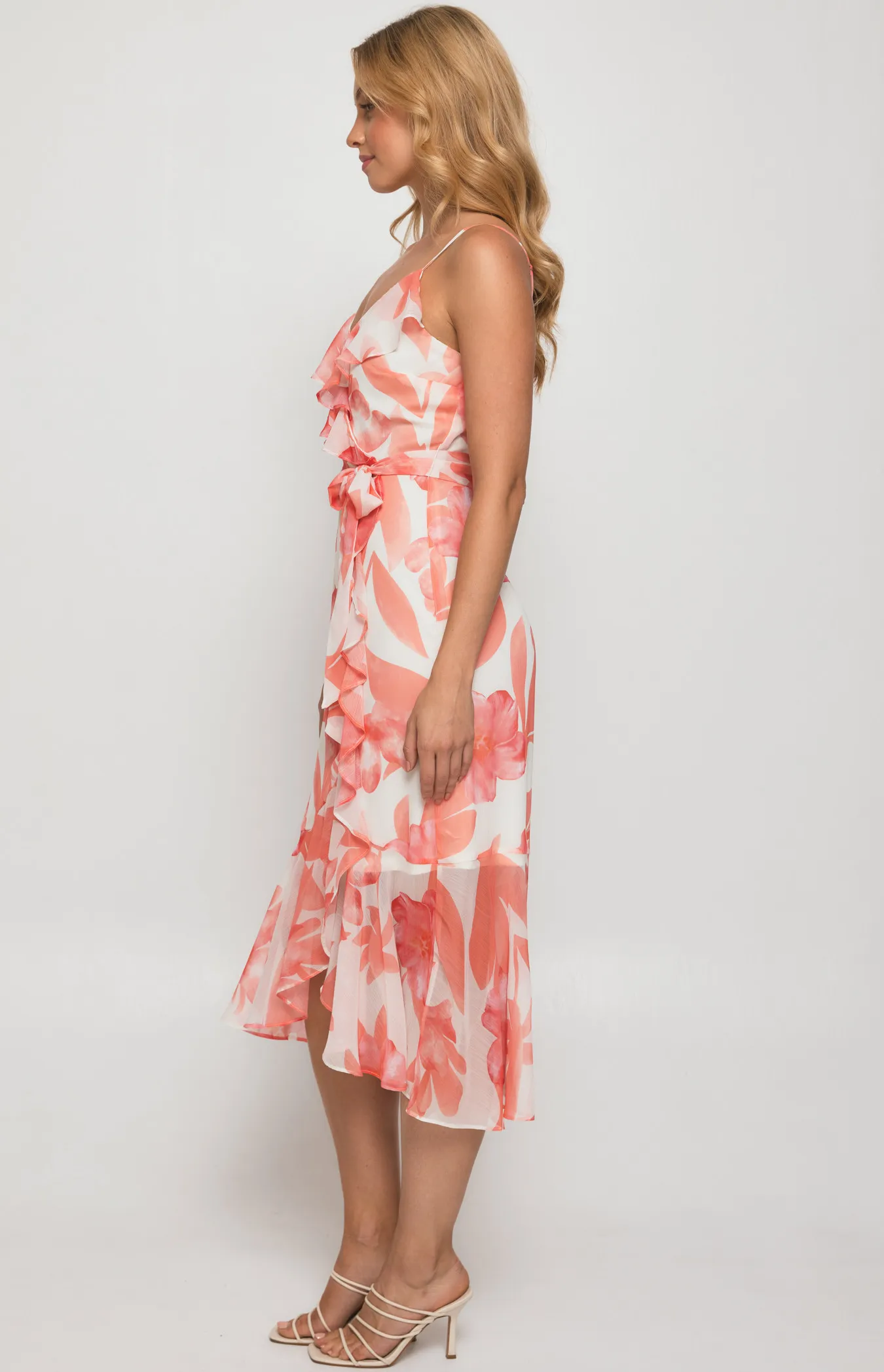 Floral Midi Dress with Frill Neckline Asymmetric (SDR1344B)