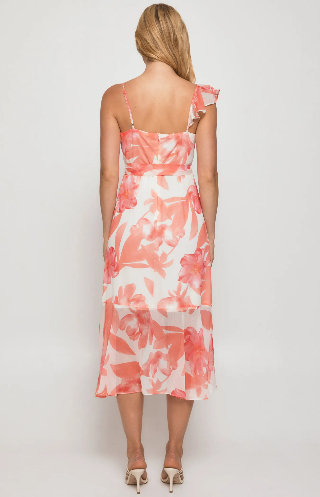 Floral Midi Dress with Frill Neckline Asymmetric (SDR1344B)