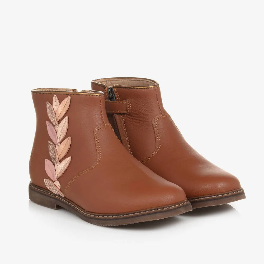 Girls Tan Leather Feather Boots