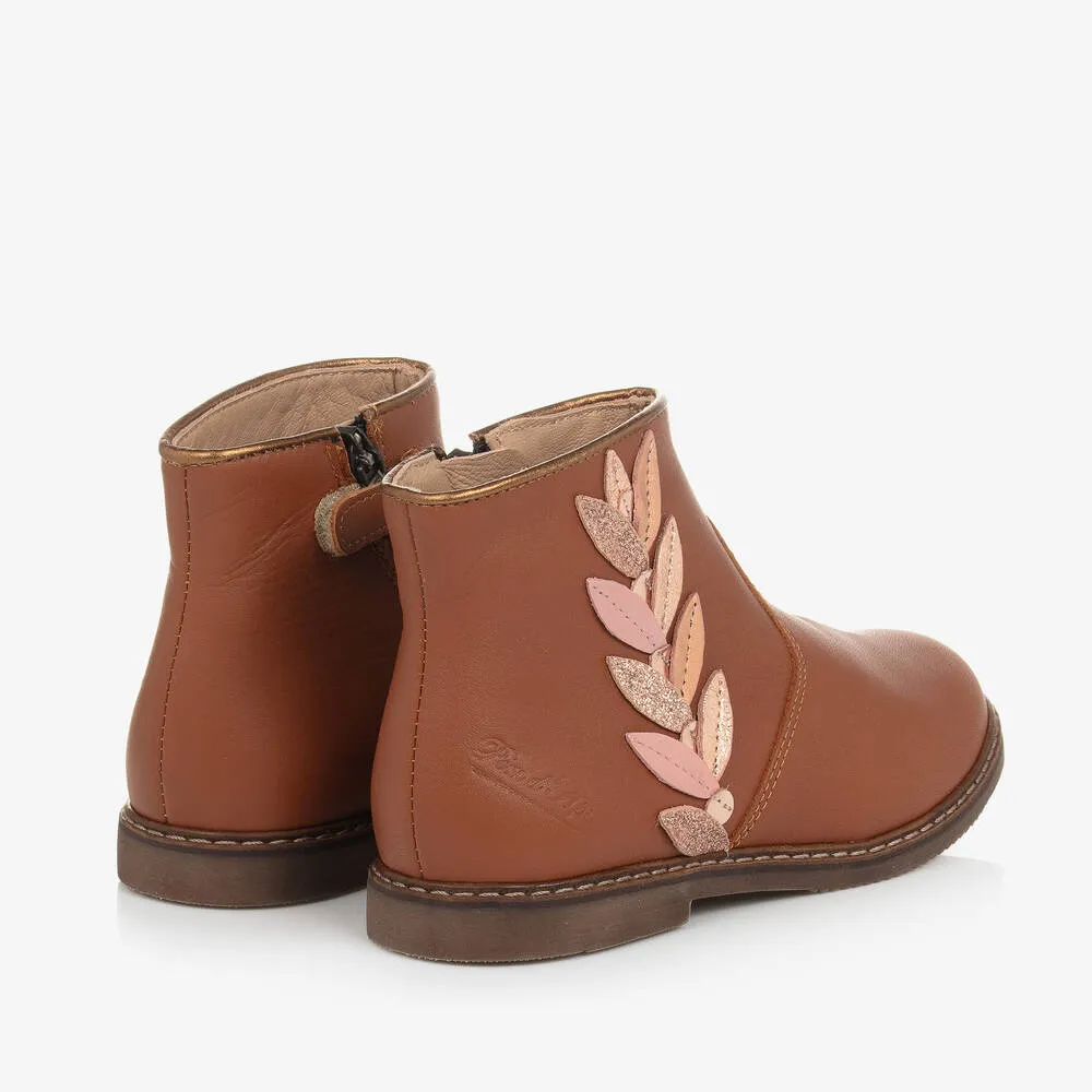 Girls Tan Leather Feather Boots